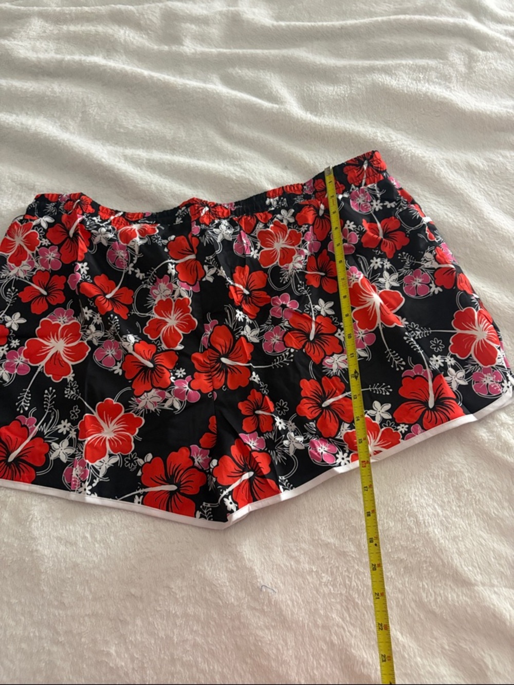 Women's Black Floral Athletic Shorts with Red & Pink Hibiscus Print - Picture 3 of 4